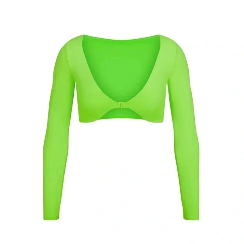 SKIMS 3 piece swim set Skirt Racerback top long sleeve top Neon Green Size 4X